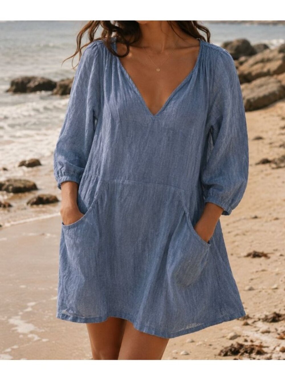 Boden Short Sleeve Linen Blue Dress Size 20/22 L W0489 Pockets